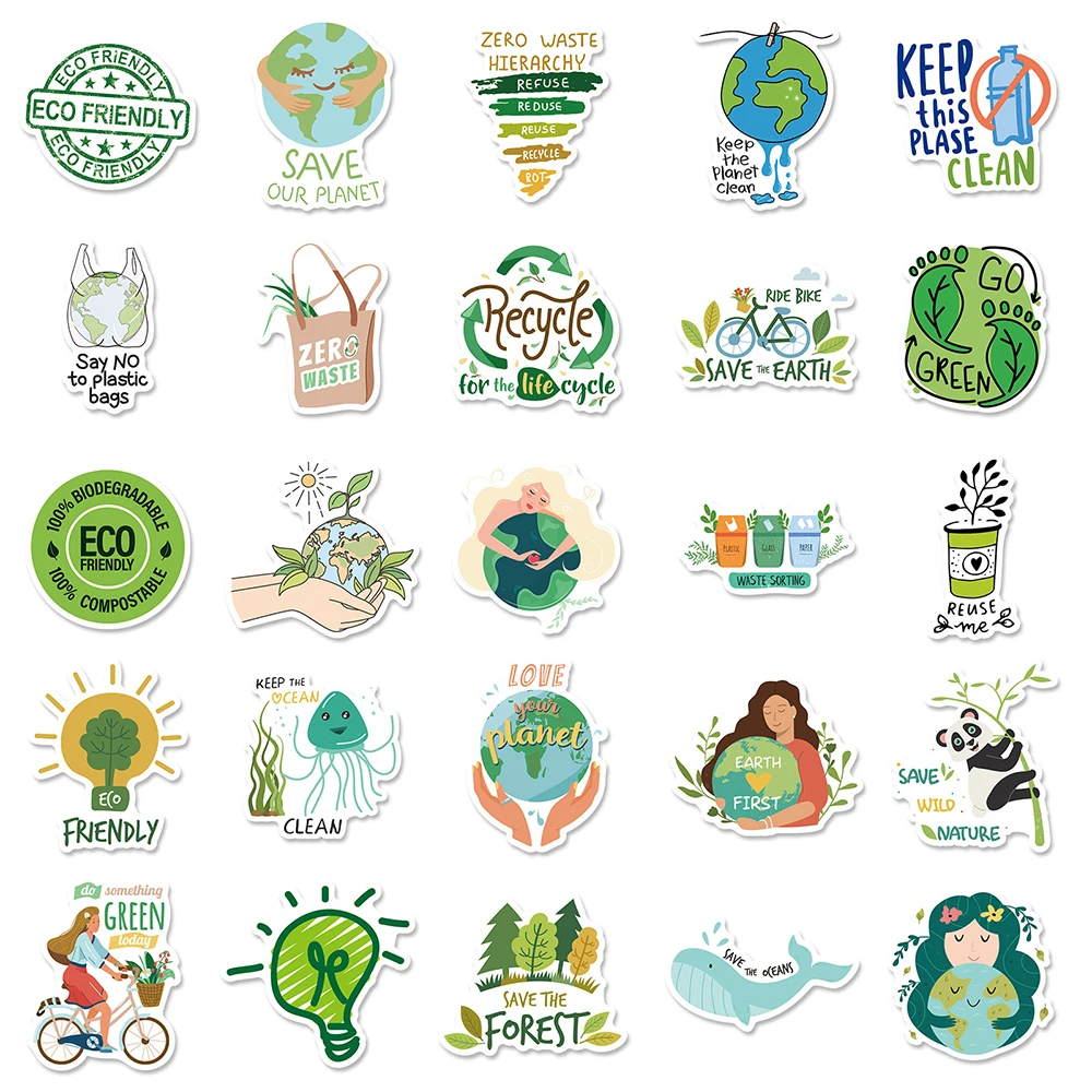 10/30/50pcs Green Ecology Cartoon Stickers Protect the Environment Decals Decoration For Notebook Wall Phone Waterproof Sticker