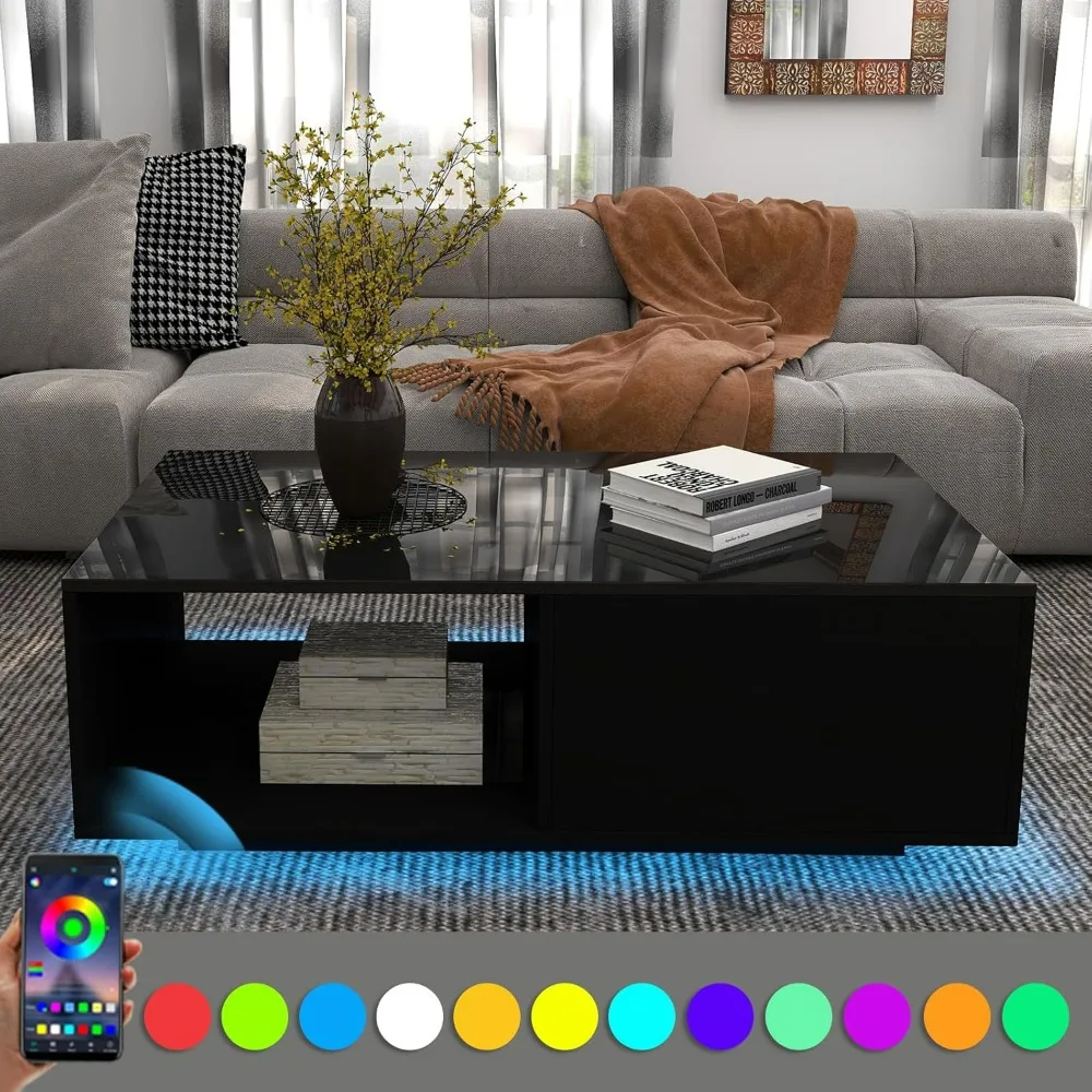 LED Black Coffee Table for Living Room with Drawer & 16 Colors Lights, Storage Space, 43.3IN High Gloss Modern Coffee Table