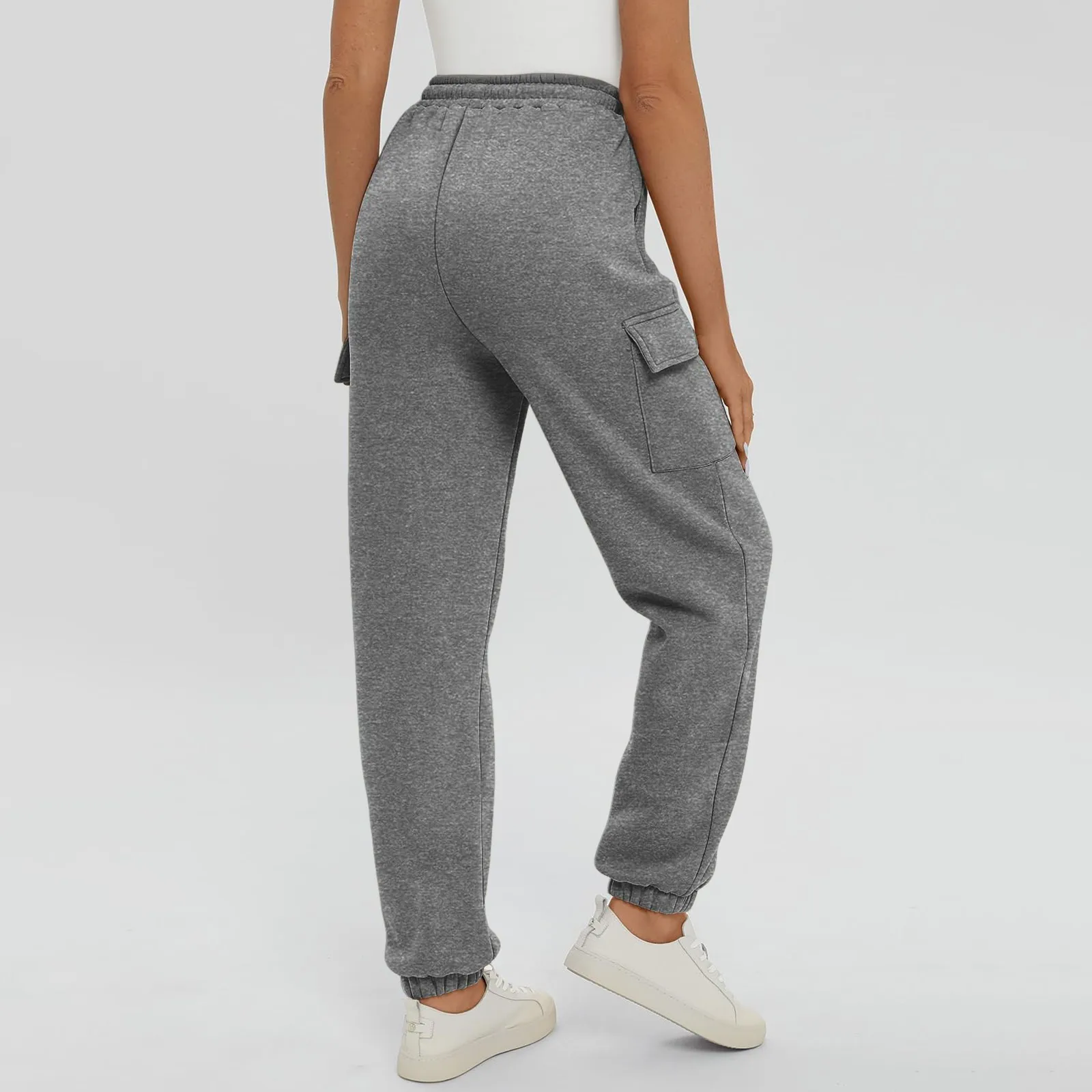 الخريف النساء الصوف Sweatpants بلون الجانب جيب عالية الخصر بنطلون رياضي سميكة عادية ركض السراويل الإناث