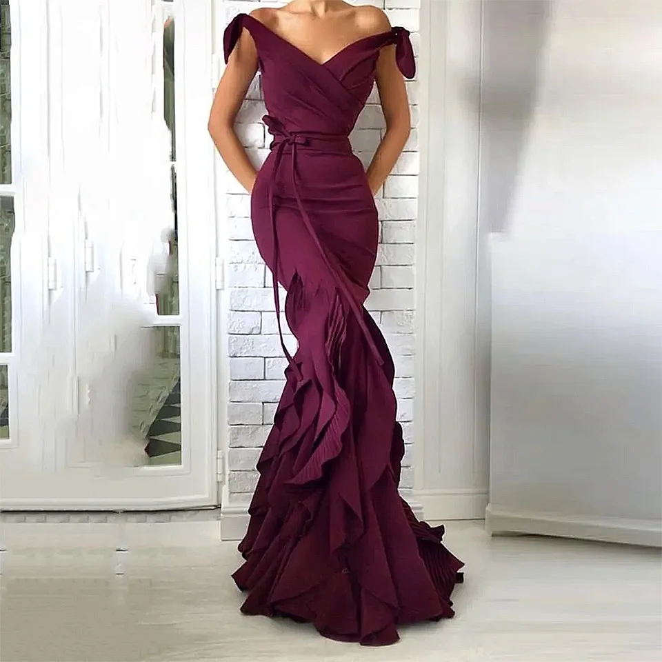 

Elegant Off the Shoulder Floor-Length Mermaid Prom Party Dress Purple Long Mermaid Evening Dresses for Women