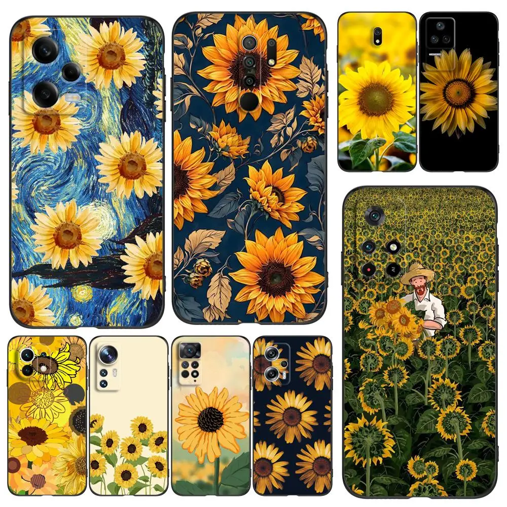 Black Tpu Case For Xiaomi 12 12T lite S X 11lite NE 11i 11T Pro 11A  Redmi 12C 10 10A 10C 5G Summer Sunflower