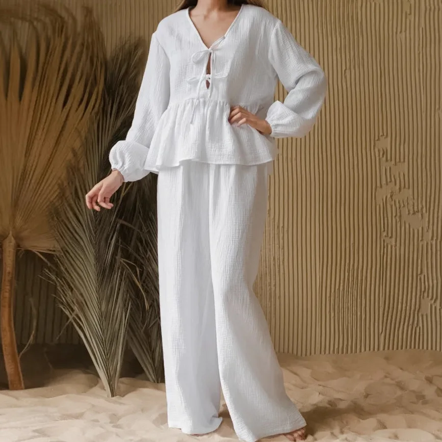 Yellow Pure Cotton Ruffled Long-sleeved Trousers Loose-fitting Pajama Set 2026 Autumn Women's Loungewear Sleepwear Women