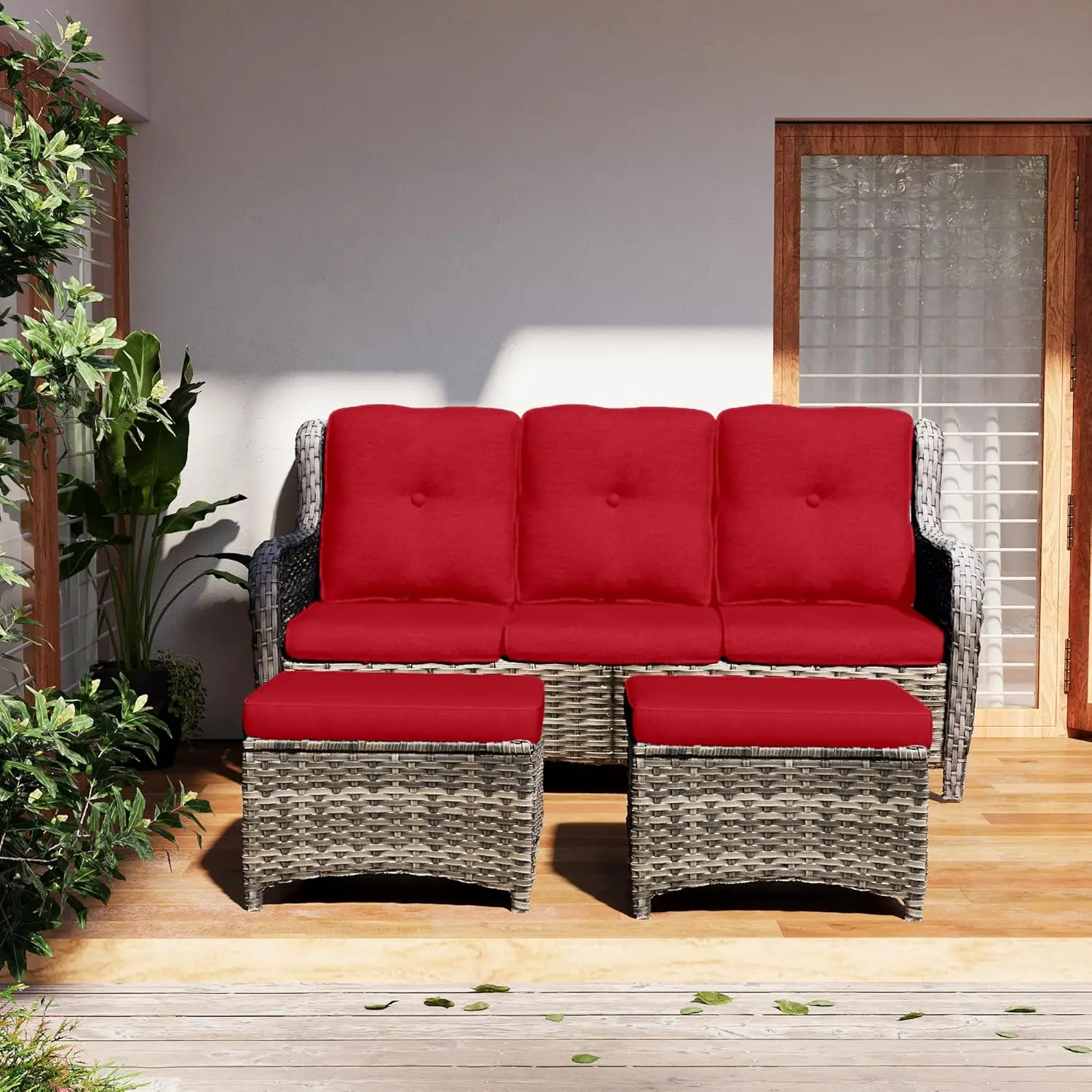 Patio Conversation Set - 3-Piece Wicker Patio Set, A 3-Seat Sofa and 2 Ottomans, Outdoor Wicker Patio Furniture, Cushions