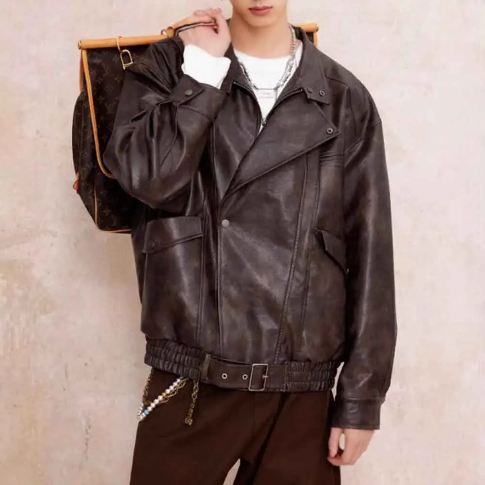 

Winter New Men's Solid Color Long-Sleeved Leather Jacket American Retro Fashion Trend High Street Loose Casual Niche Men's Tops