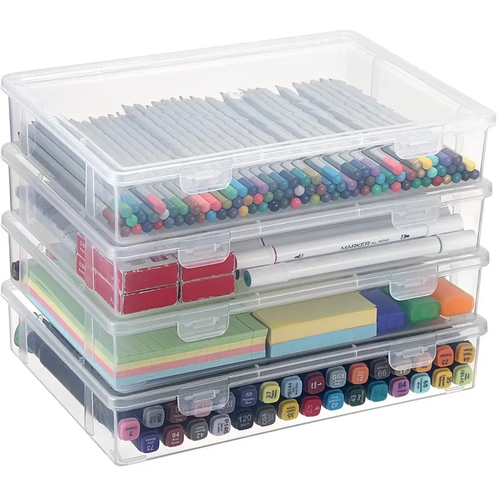 

Набор из 4 прозрачных пластиковых коробок среднего размера с клапанами для хранения поделок, художественных и швейных принадлежностей