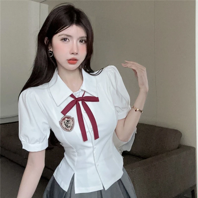 French Hot Girl School Uniform Set Daily JK Uniform Waist Retraction Split Shirt Red Bow Women High Waist Pleated Skirt Summer