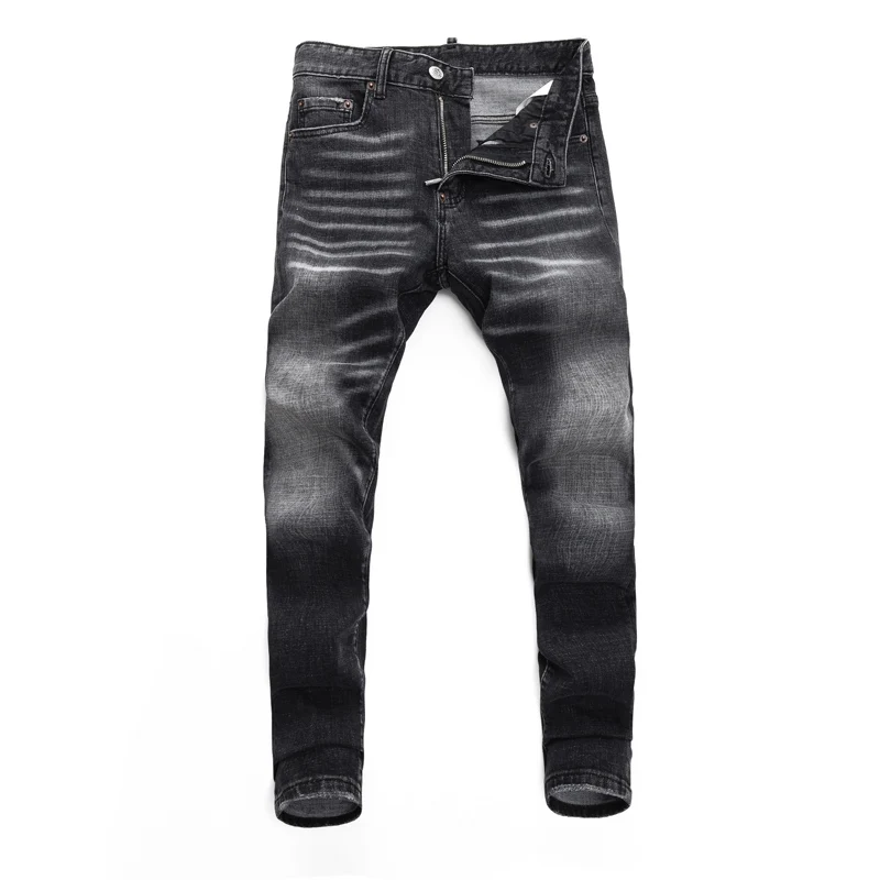 Highy2k Street Fashion New Men's Jeans Leather Brand Wrinkle Elastic Slimming Wash Nostalgic Black Grey Jeans Hip Hop Bran