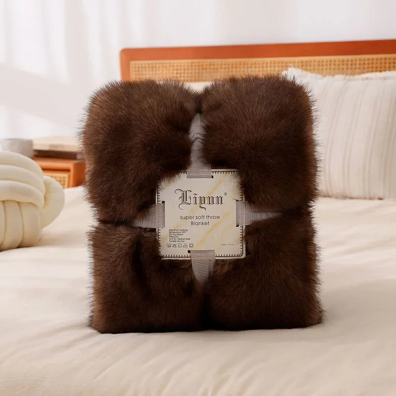 American Luxury Faux Fox Plush Blankets High-Quality Thickened Warm Solid Color Sofa Cover Fluffy Soft Nap Shawl for Office