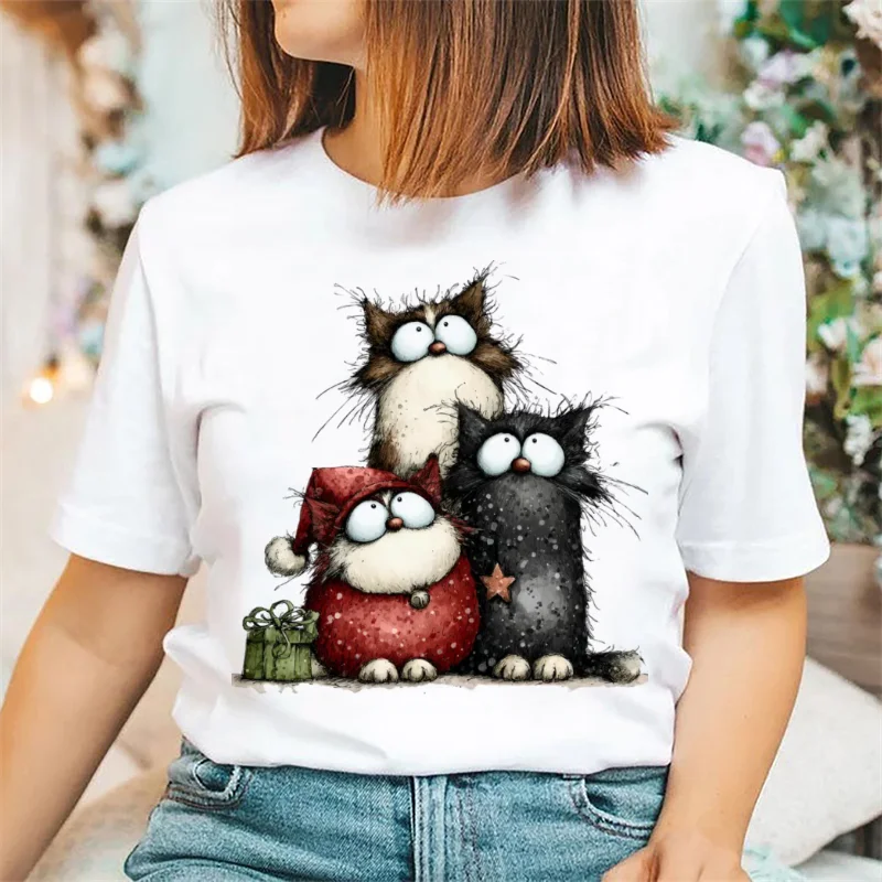 Short Sleeved T-Shirt Printed Cute Cartoon Christmas Style Women's Three Christmas Cats Pattern Printed Street Gift T-Shirt Top