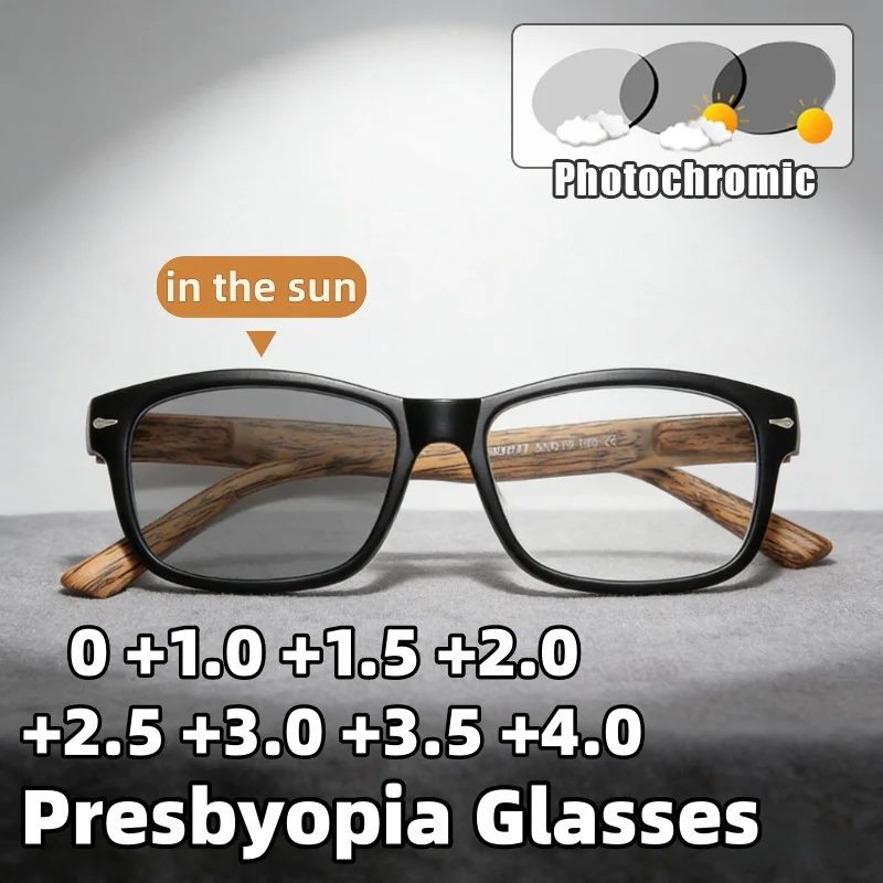 

2026 New Photochromic Presbyopia Eyewear Retro Wood-Grain Temples Anti-Blue Light High-Definition Reading Glasses 0 To +4.0