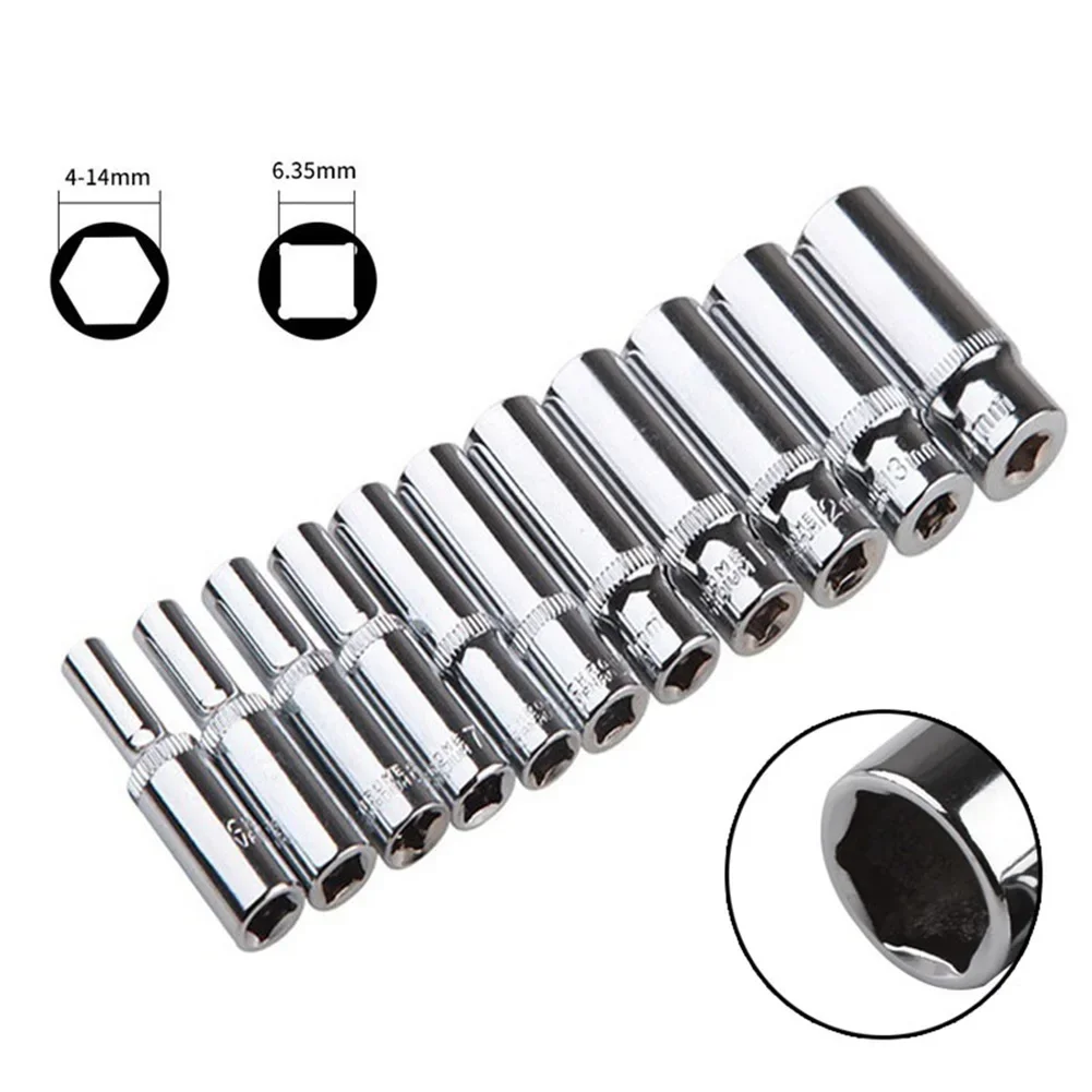 Metric Long Chrome Socket Set 1/4-Inch Drive Hex Deep Socket From 4 Mm To 14 Mm Professional Grade Wrench Heads Ratchet Tool