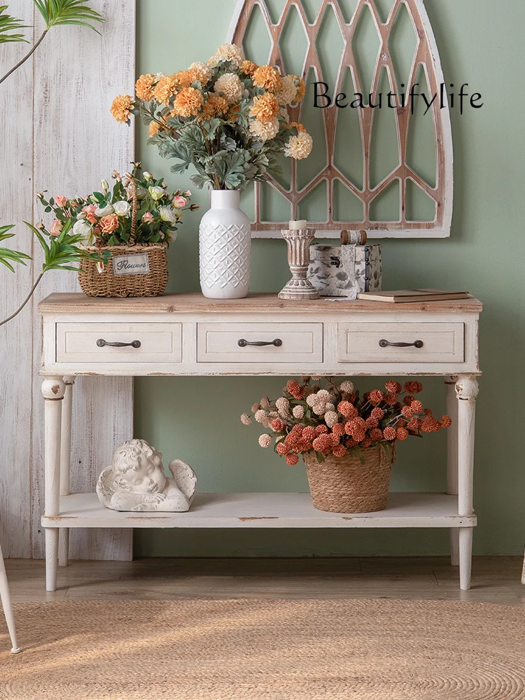 Mesas de consola de madera maciza francesa, estilo Pastoral blanco, mesa larga y estrecha, decoración desgastada para sala de estar con cajón