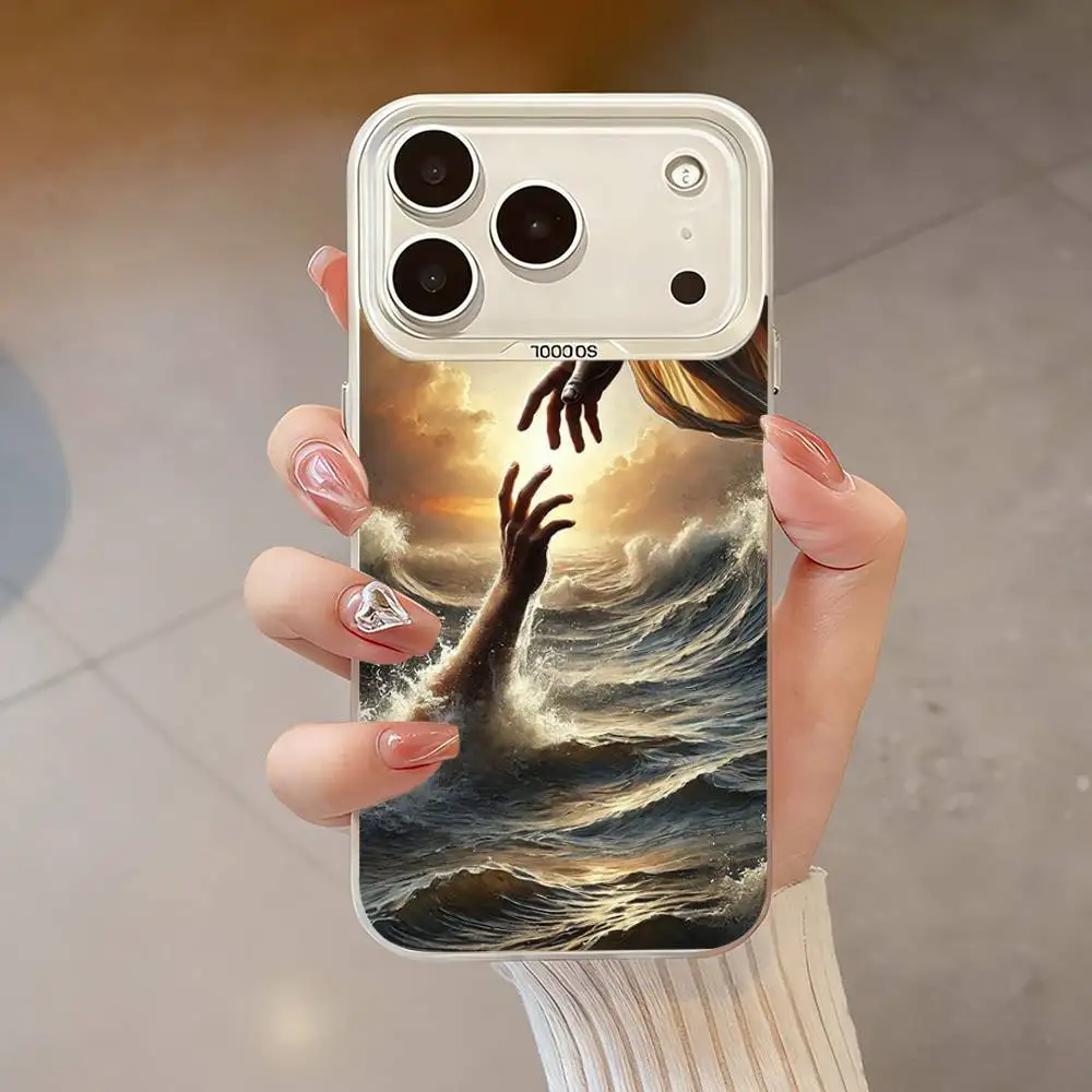 Crença arte jesus salvador caso de telefone para iphone 17,16,13,12,x,11,15,14,pro,max,plus, se4, ar, mini branco imd hd fosco