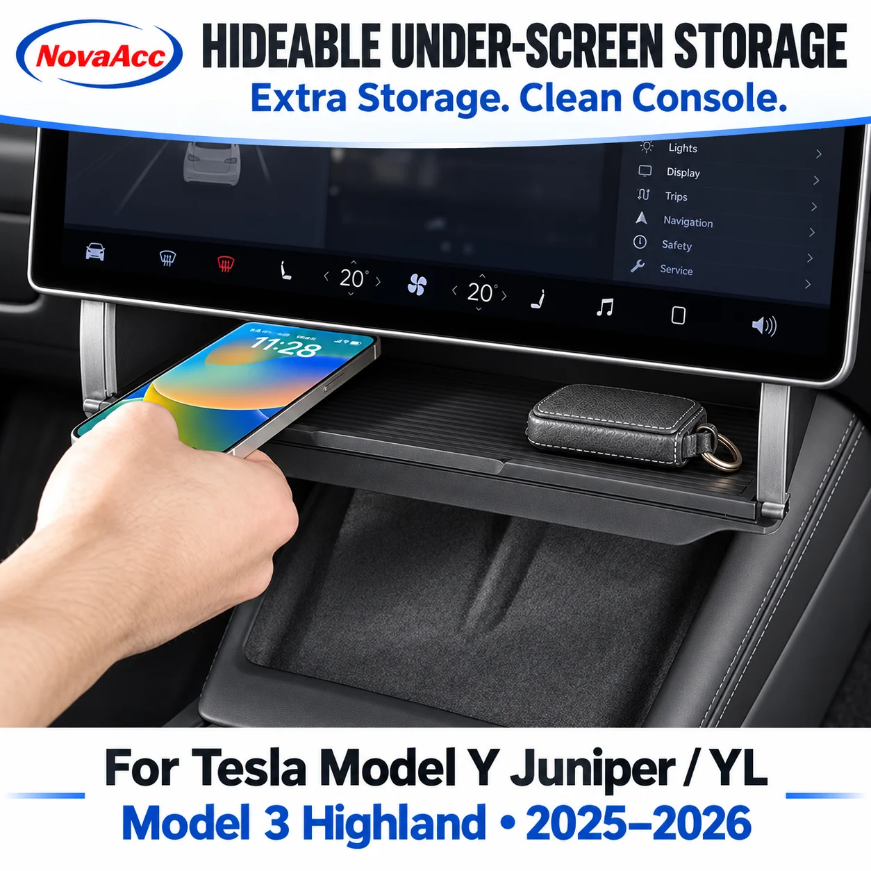 NovaAcc Hidden Under Screen Storage Box for Tesla Model Y Juniper YL Model 3 Highland 2025-2027 Center Console Organizer Tray