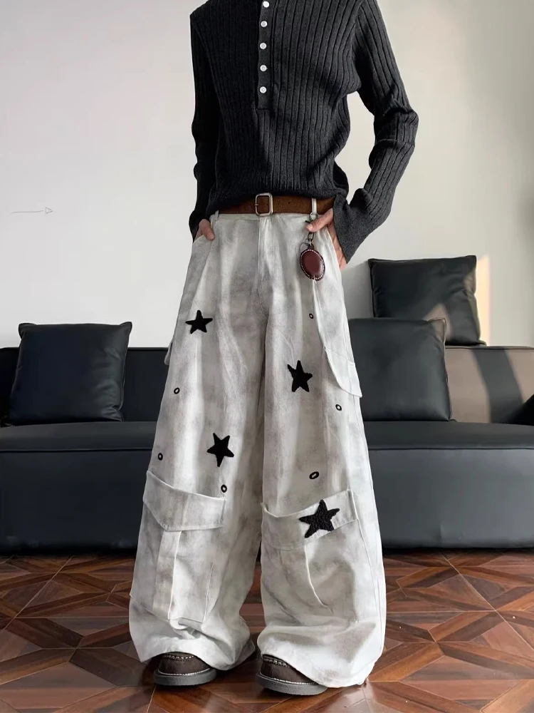 

Джинсы унисекс в американском стиле с принтом звезд, широкие, зауженные, осенние, модные, брендовые, из денима