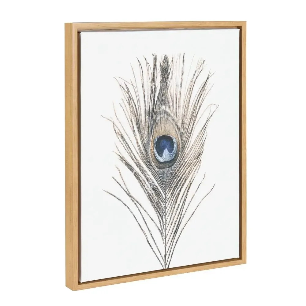 Peacock Feather Natural Framed Canvas Wall Art 18x24 by Simon Te Tai Wildlife Home Decor Gallery Wrapped USA Artist Simple