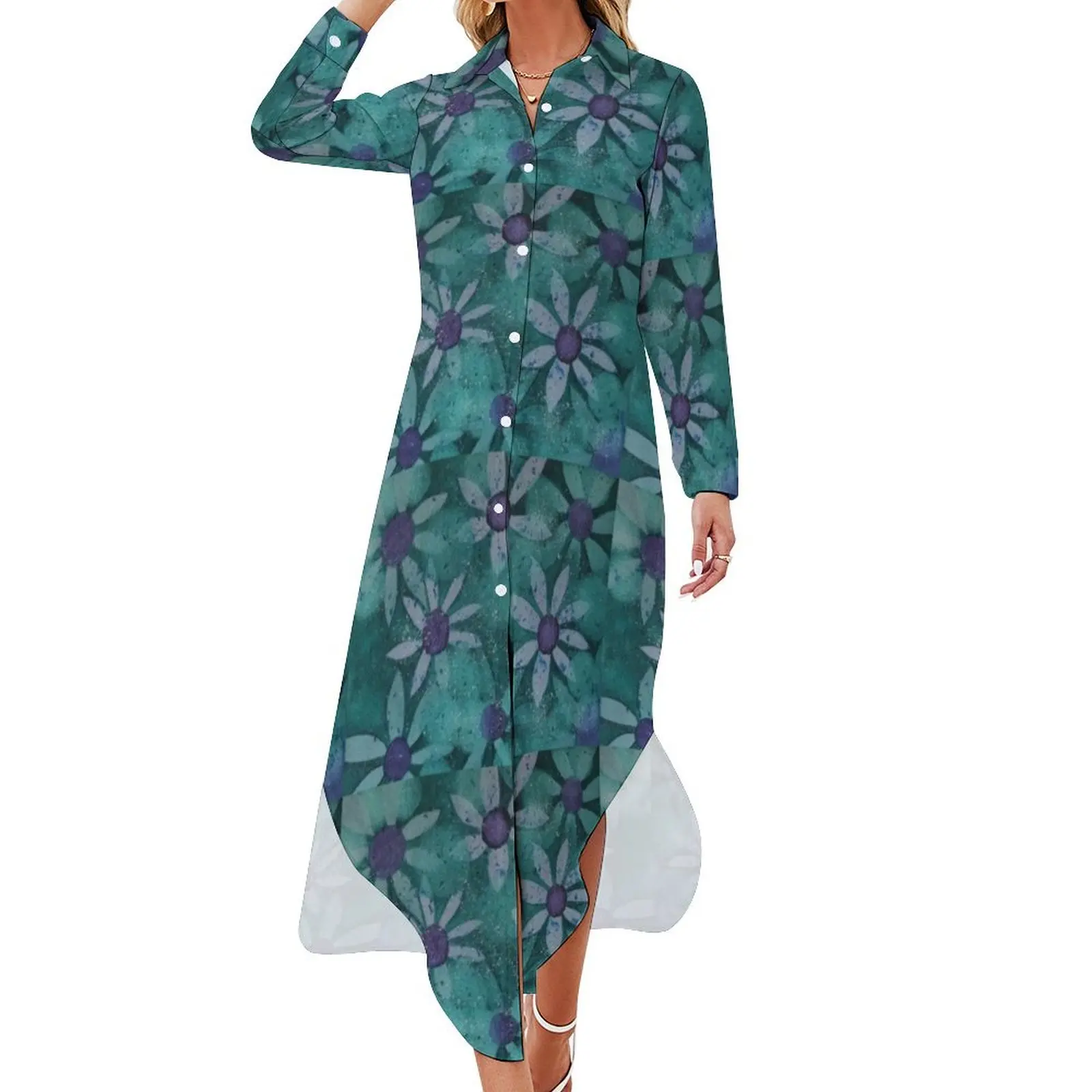 

floating blue green flowers Long Sleeved Shirt Dress dresses for womens Summer women's clothing