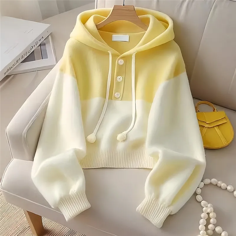 Autumn Winter Yellow Patchwork Hooded Sweater Women's Fashion Color Block Loose Knit Top Korean Button Wool Knitwears Sweet L014