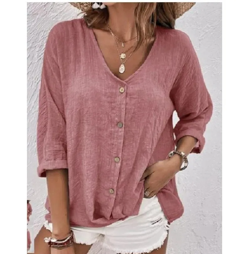 Solid Color Blouses for Women Summer Cotton Linen V Neck Long Sleeve Loose Blouse Casual Button Top Shirts Women\'S Clothing 블라우스