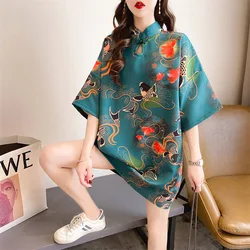 Solredo Traditional Chinese Women Cheongsam Long T-Shirt Dress Half Sleeve Printing Loose Qipao Elegant Oriental Short Costumes