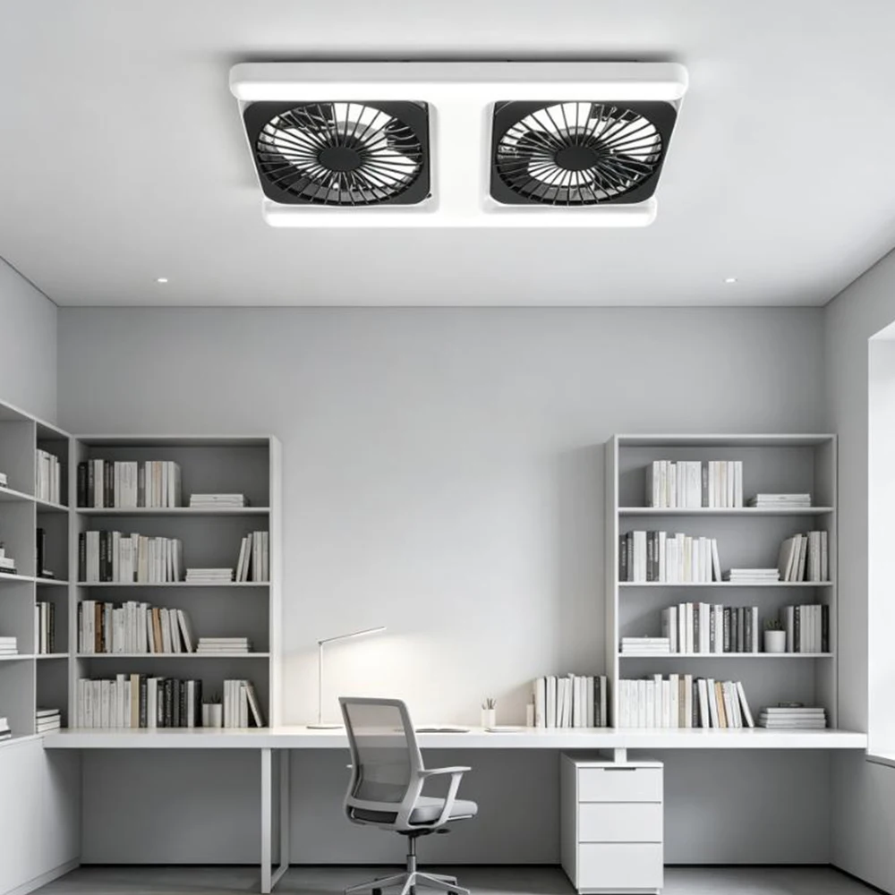LED silent cooling fan light: E27 screw-in double-row H-style ceiling fan light with remote control, 180-degree adjustable angle