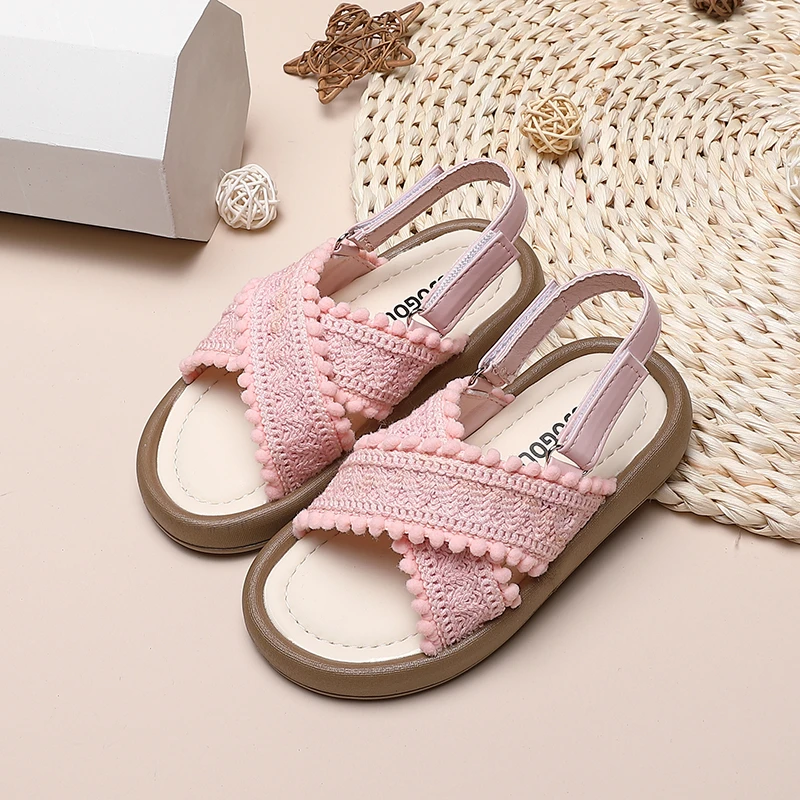 Kids Fashion Girl Sandals New Summer Ethnic Style Princess Pink Causal Beach Sandals Children's Open-toe Cross-tied Flat Sandals