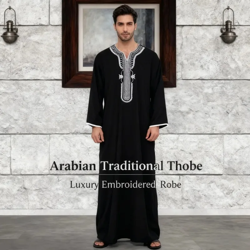 

Мужская длинная рубашка-халат повседневная молодежная простая черная с мусульманской вышивкой однотонная для ежедневной носки