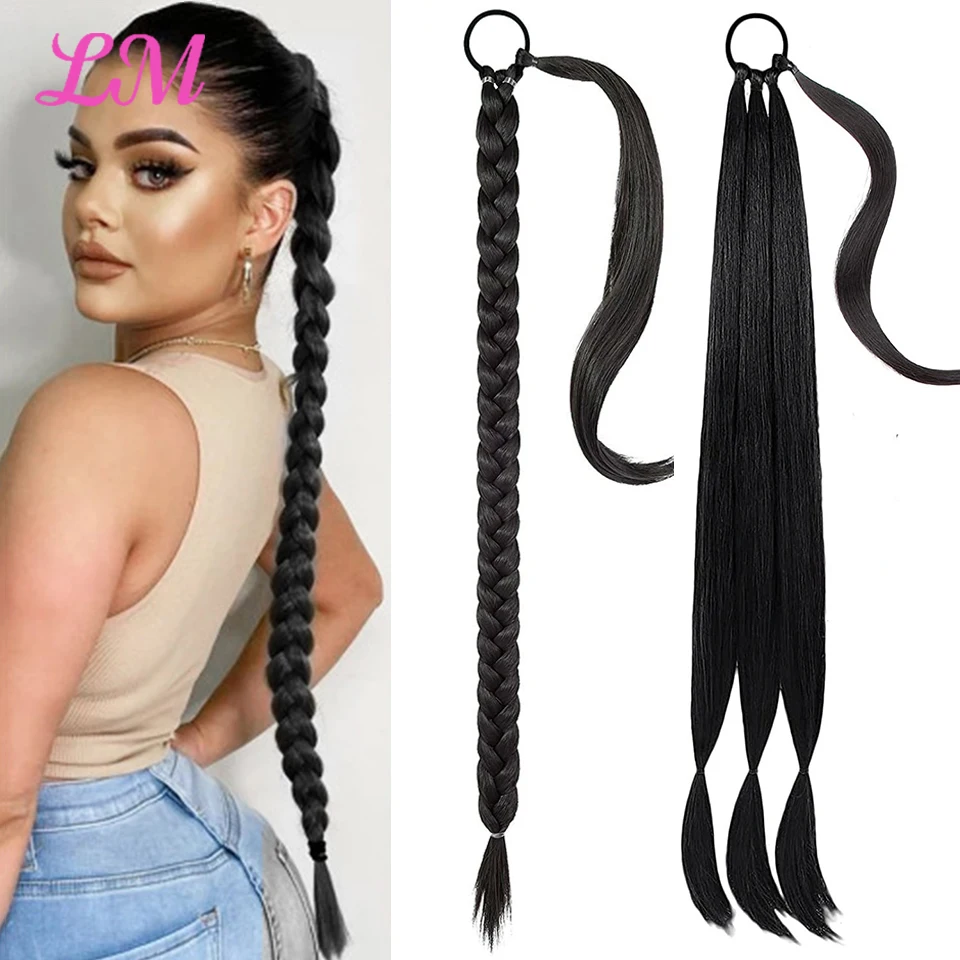 32inches Synthetic Long Braided Ponytail Hair Extensions for Women Black Brown Pony Tail with Hair Rope High Temperature Fiber