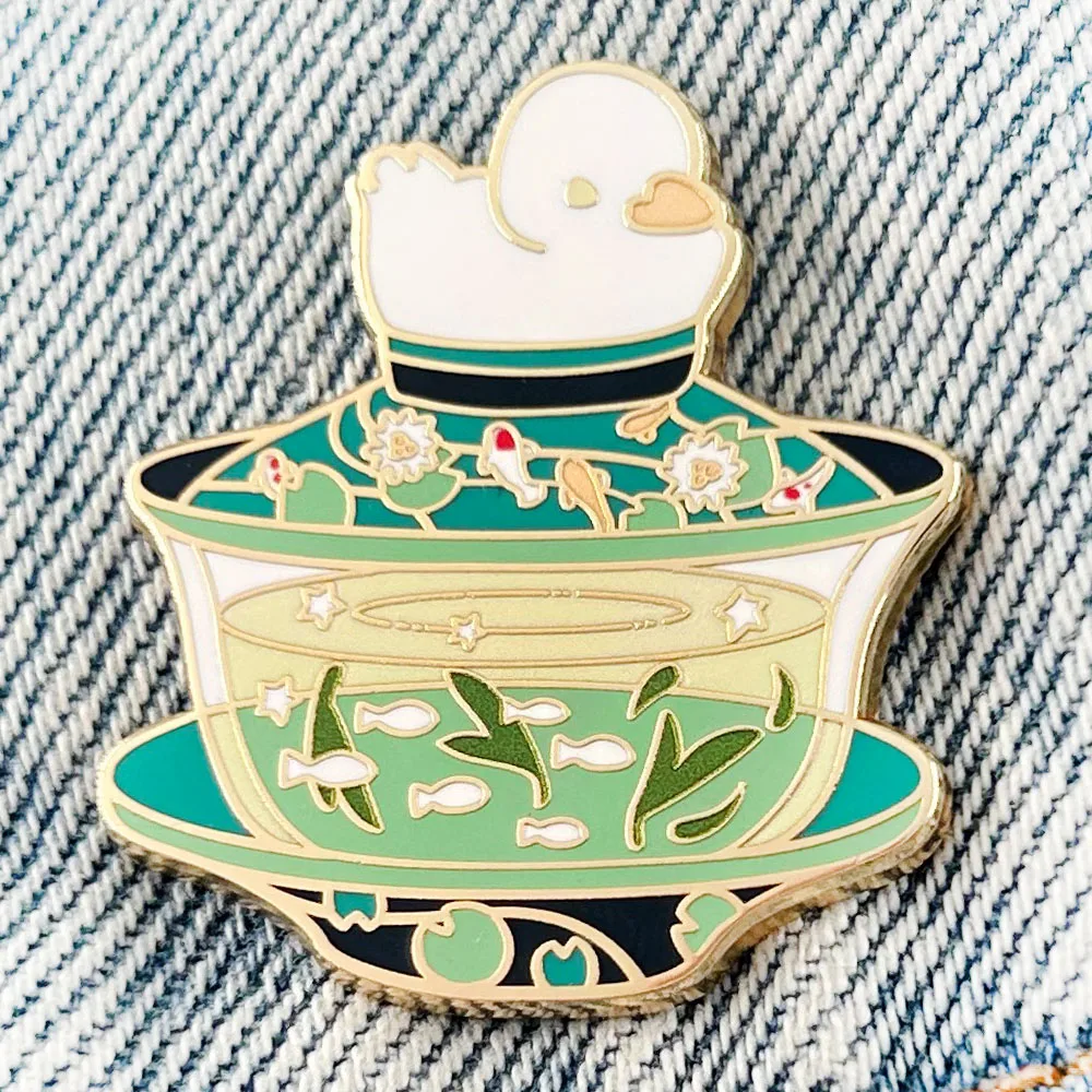 Green Tea Duck Enamel Pin Cartoon Animal Teacup Badge Tea Culture Lovers Collection Gift Kawaii Accessories