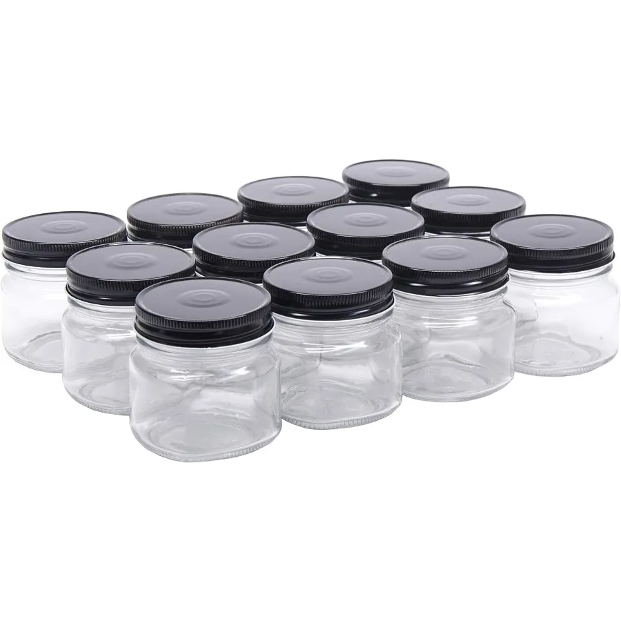 

8 Ounce Glass Smooth Square Regular Mouth Mason Canning Jars for Home Food Storage and Preservation Featuring Durable Black Met