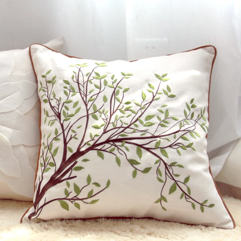 Embroidery Green Leaf Tree flower dragonfly Cotton Linen Pillowcase Sofa Decorative Pillows Home Decor Pillow Cover Natural