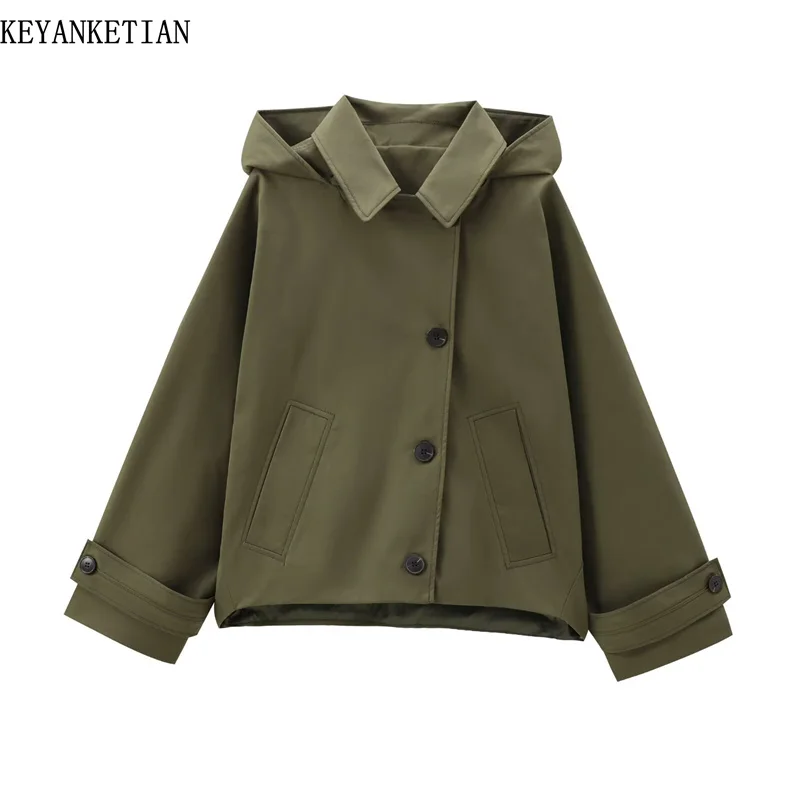 KEYANKETIAN 2024 New Women's Army Green Outdoor Jacket Street style Asymmetrical Buttons Hat Detachable Loose Coat Oversize Top