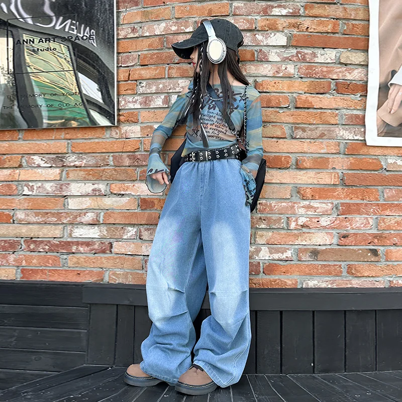 

Fall 2025 New Washed Blue Jeans Pleated Design Fashion Street Dance Pants Girls