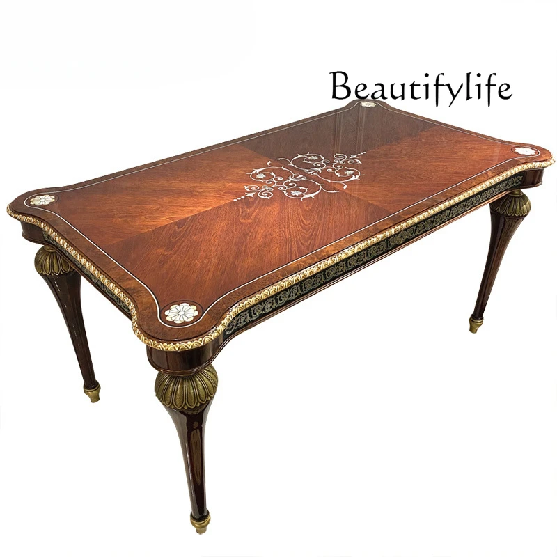 English solid wood dining table mahogany copper villa restaurant rectangular dining table shell parquet table