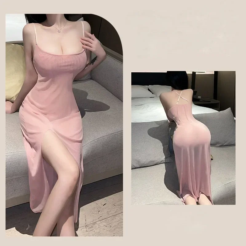 Top Fashion Sexy Transparent Long Suspender Pajama Skirt Mesh Sleep Dress Split Long Night Dress Womens Nightgown Lingerie Dress