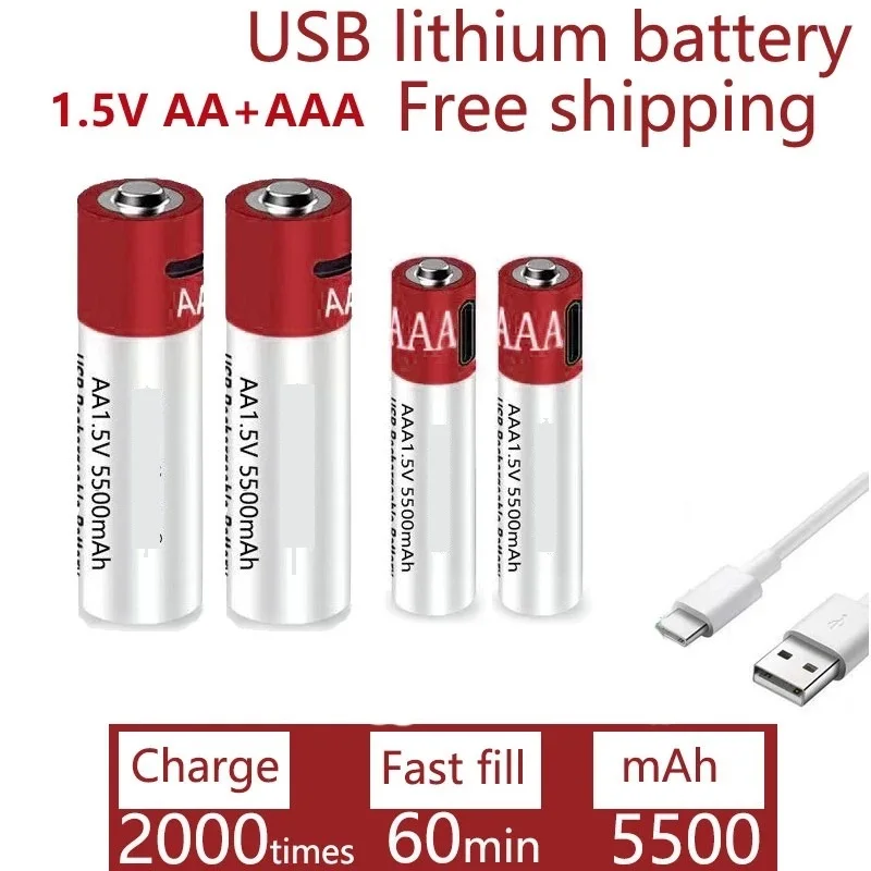 

Новый литий-ионный аккумулятор AA + AAA большой емкости 5500 мАч AA AAA 1,5 В USB литий-ионный аккумулятор с быстрой зарядкой
