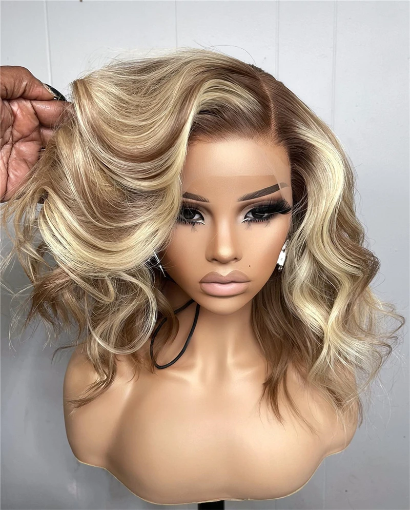 Ash Gray Honey Blonde Wig for Women Shoulder Length Natural Curly Wavy Bob Wig Natural Layer Synthetic Heat Resistant Fiber Wig