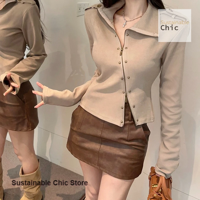 سترة صوفية قصيرة مزدوجة بتصميم أمريكي بأكمام طويلة وسحاب سترة نسائية للخريف والشتاء بنصف رقبة عالية #4