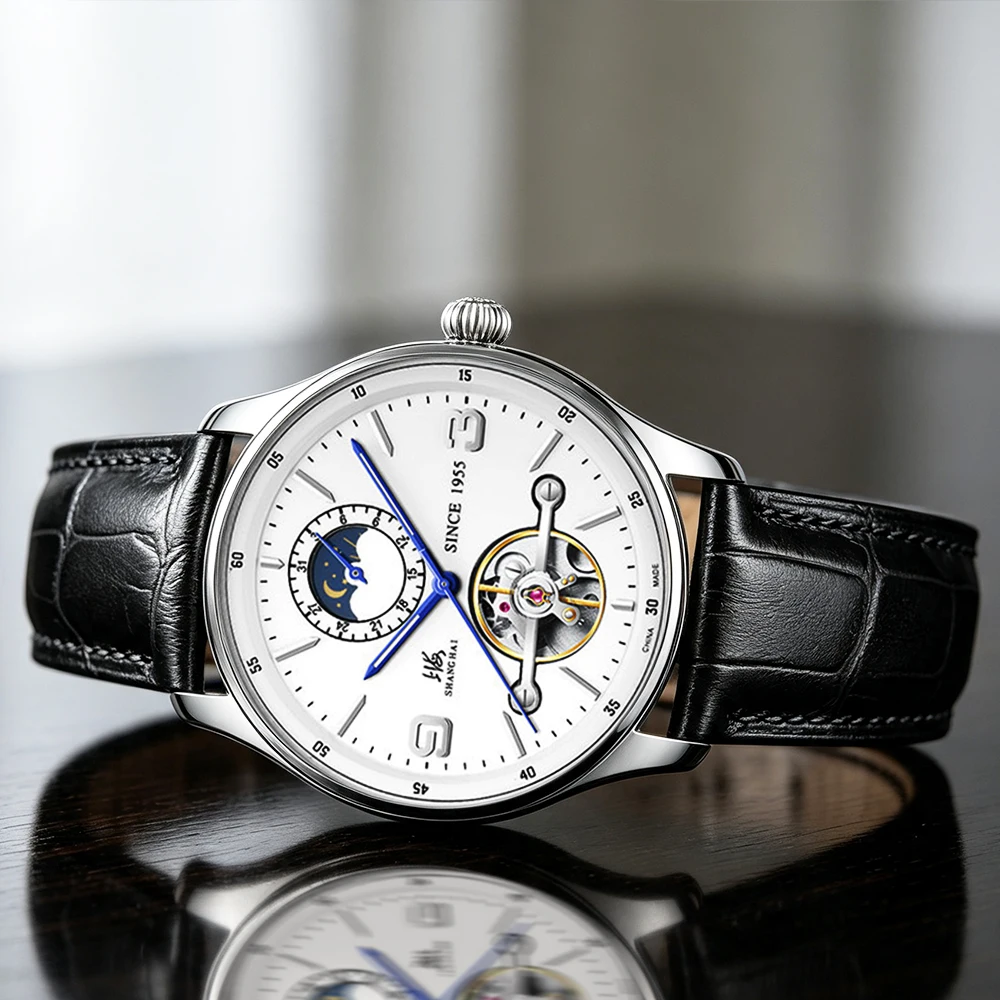 Shanghai Elegant Men's Watches Flywheel Automatic Watch ST2571 Movement Date Mechanical Wristwatch 41.5mm 5Bar Waterproof Sapphire Day Night Display Timepiece 316L Stainless Steel Butterfly Buckle On Sale S8950