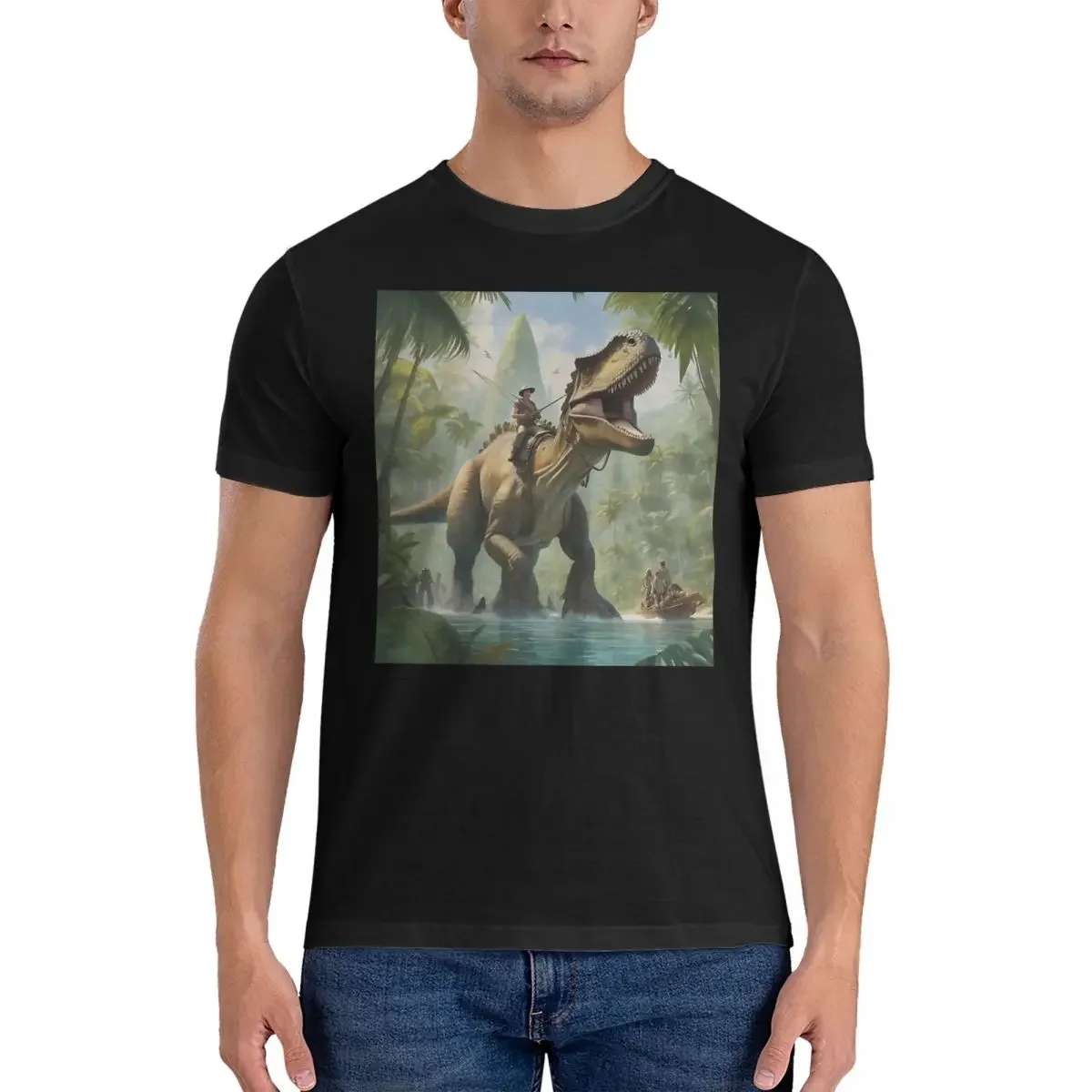 Exploring The Jungle T Shirts for Men 100% Cotton Funny T-Shirt O Neck Dino Riders Tee Shirt Short Sleeve Clothes Printed