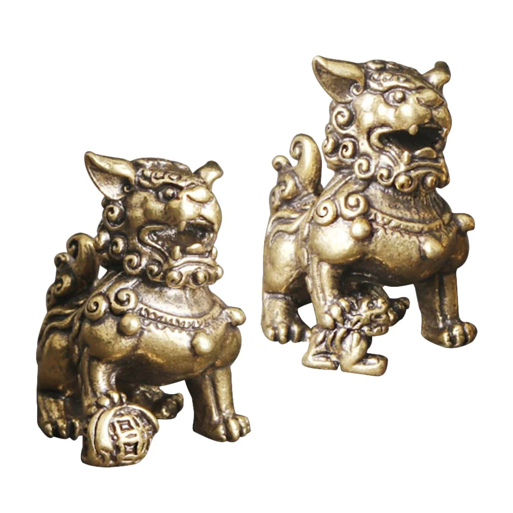 

2 Pcs Brass Lion Ornament Tabletop Animal Decor Statue Statues Golden Craft Figurine Exquisite