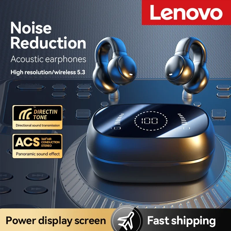 Lenovo Mirror-Style Digital Display Soft Silicone Ear Clip Wireless Bluetooth Headphones with Noise Reduction High-Definition