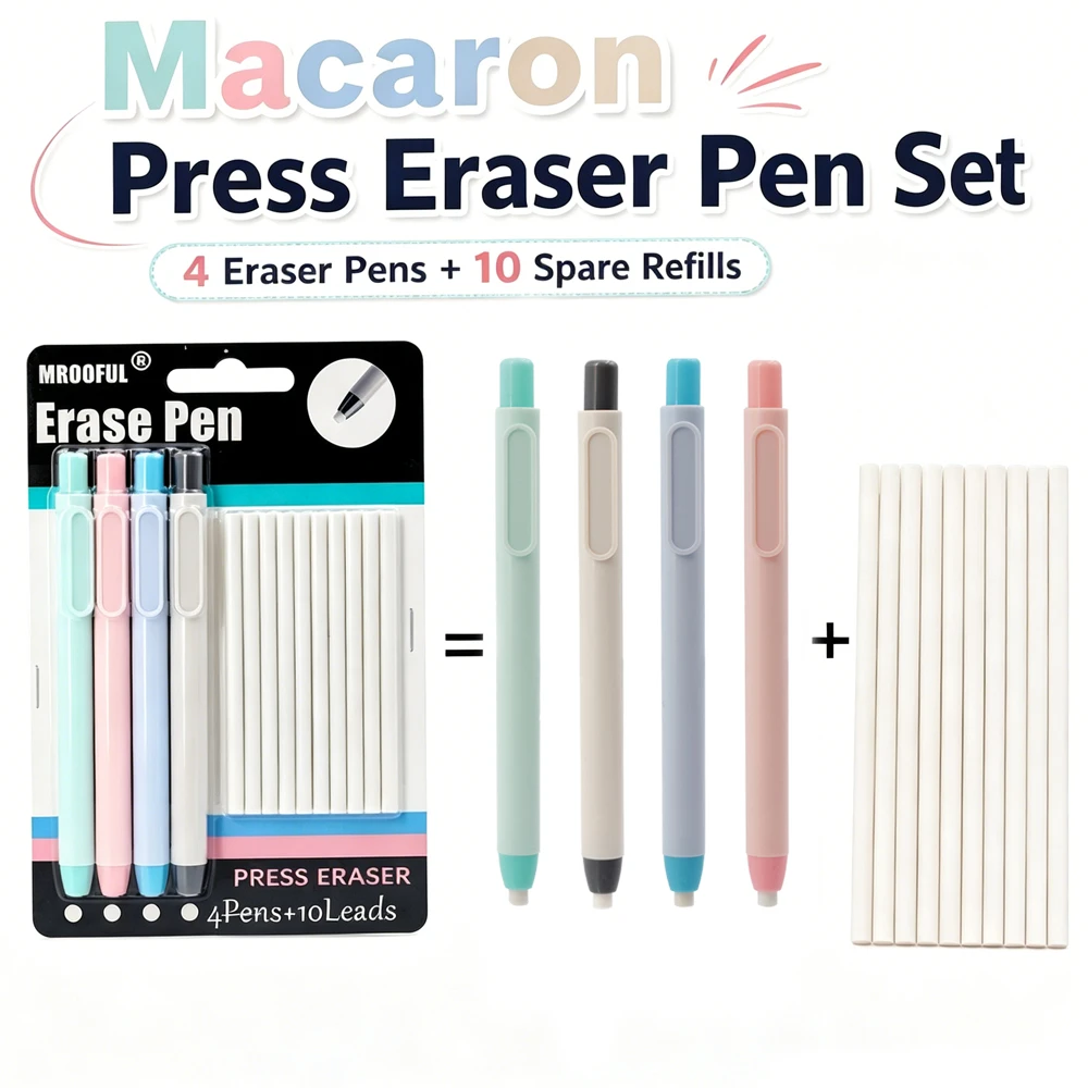 Eraser Pen Card Set Creative Pen Shape Press Type Pencil Eraser with Replaceable Core Sketching Painting Writing Erase Supplies