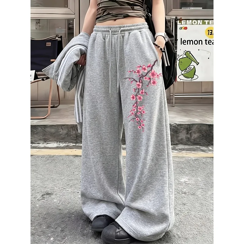 Drooping Cherry Blossom Print, Wide-Leg Style, Drawstring Waist, American Vintage Style, Casual Sports Pants