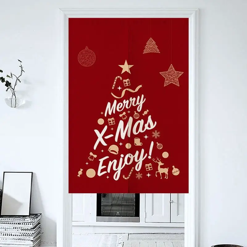 VIKAMA Christmas Gold Merry Xmas Enjoy Door Curtain Red Background Golden Text Tree Star Reindeer Candy Cane Minimalist Holiday