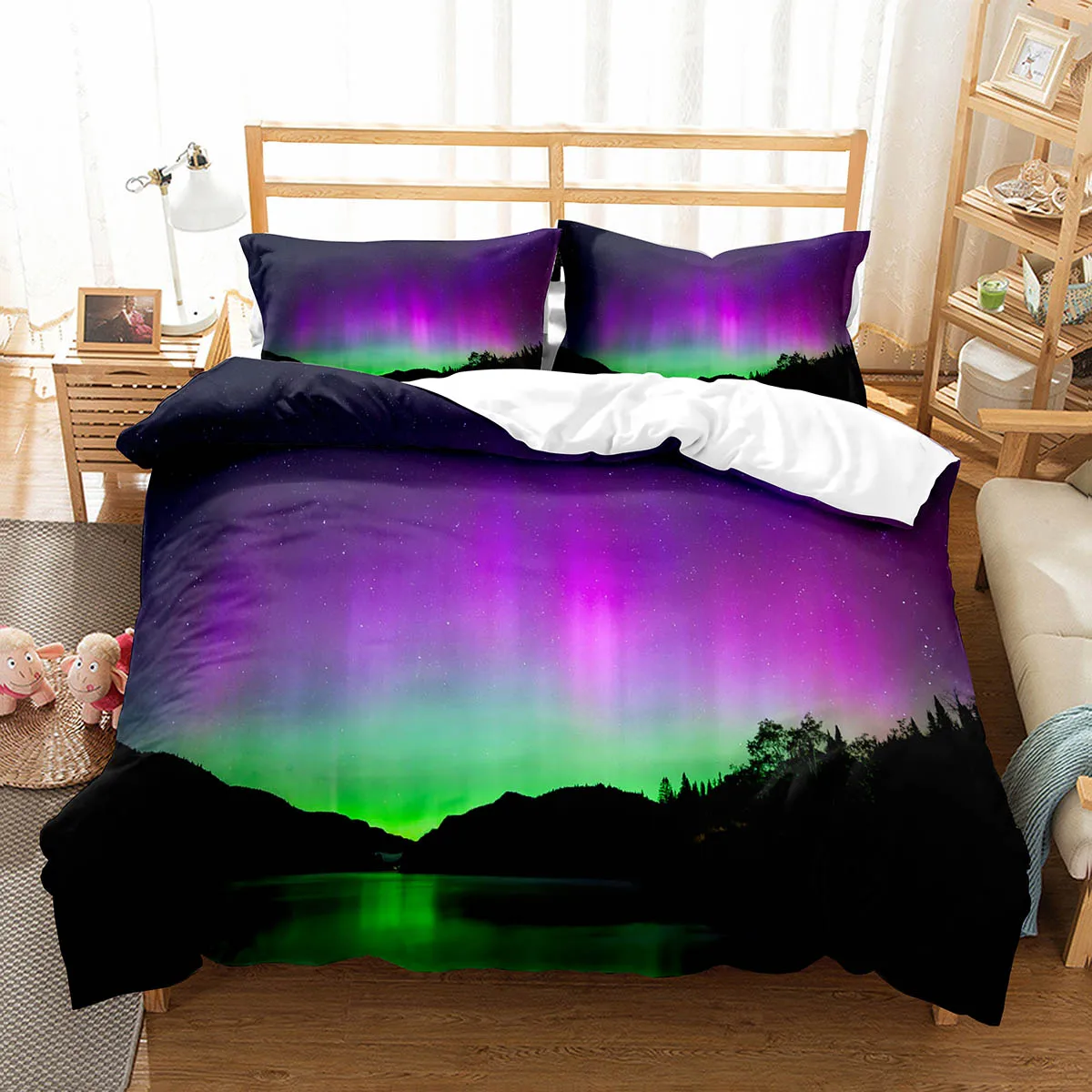 Northern Lights Duvet Cover Set King Full Size Natural Wonders Polyester Comforter Cover for Kids Teens Bedding Set Quilt Cover