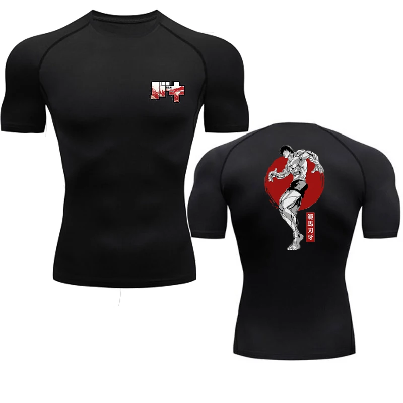 Anime Baki Print Compression Tshirts for Men Gym Workout Fitness Running Summer Short Sleeve Top Tee Quick Dry Athletic T-Shirt