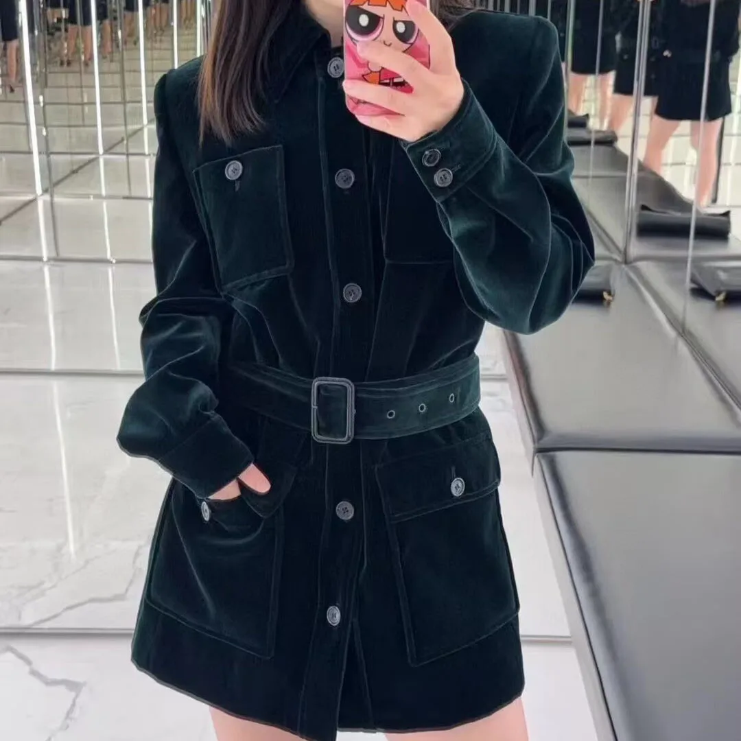 New Autumn Vintage Elegant Dark Green Velvet Jacket Women Lapel Long Sleeve Pocekts Singlr Breasted with Belt Chic Long Coat