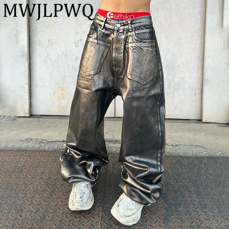 

MWJLPWQ Vintage Mud-Dyed Brushed Pocket Niched Deisgn Jeans Men's High Street Unisex Straight Wide-Leg Long Pants Trendy 12451