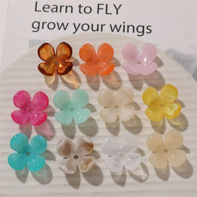 New arrived 100pcs/lot 23mm color print cartoon flowers shape acrylic floral beads diy jewelry garment hair accessory